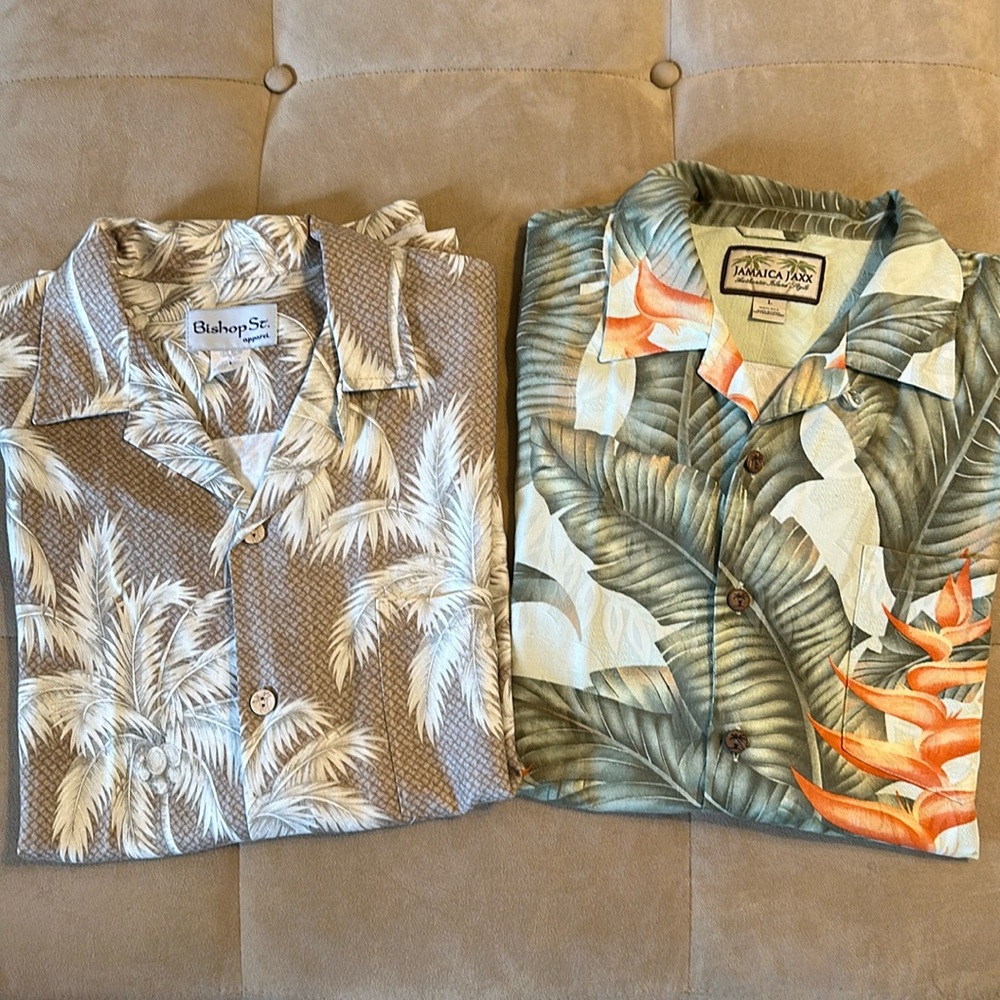 2 Hawaiian Shirts button up Jamaica Jaxx Bishop St.